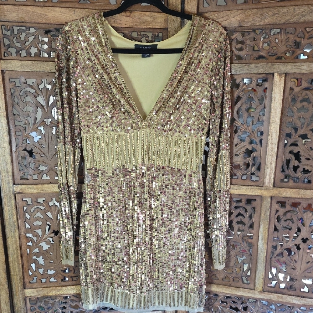 🌟 *Seamstress Alert" ARDEN B. Gold and Pink Sequin Long Sleeve Dress